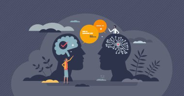 Natural language parsing or NLP for AI speech development tiny person concept. Artificial intelligence learning to speak and write text from human mind example vector illustration. Language tasks.