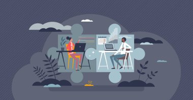 Hybrid work and workspace split with office and home tiny person concept. Distant colleague communication and virtual connection for flexible and productive workspace interaction vector illustration.