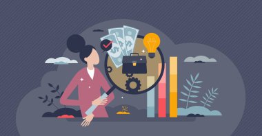 Transparent business with public information sharing tiny person concept. Reports with financial, employees and tax situation in company vector illustration. Cooperative honesty, integrity or clarity