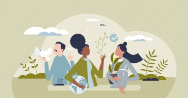 Green eco life community with ecological lifestyle tiny person concept. Sustainable, environmental and nature friendly resources consumption because of climate awareness and care vector illustration.