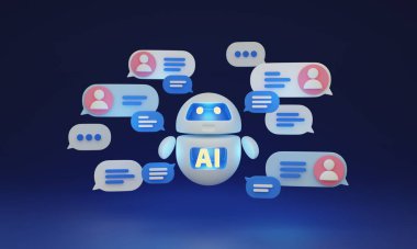 Chat GPT, robot AI assistant for virtual service, 3D illustration. Help and support through natural language processing NLP and smart automation. It uses machine learning ML to understand users input.