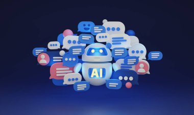 Chat GPT Virtual AI assistant and service robot, 3D illustration. Help and support through natural language processing NLP and smart automation. Using machine learning ML to understand users input.