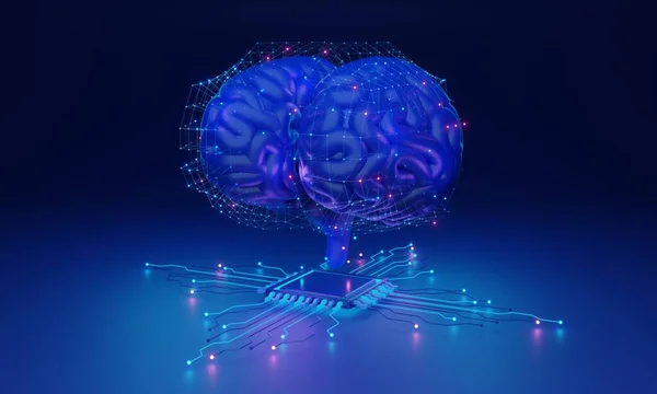 AI of the future, smart and glowing cyberspace cyborg brain, 3D illustration concept. Deep neural networks and advanced machine learning algorithms running on advanced chip technology processor.