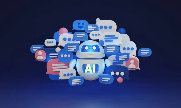 Chat GPT Virtual AI assistant and service robot, 3D illustration. Help and support through natural language processing NLP and smart automation. Using machine learning ML to understand users input.