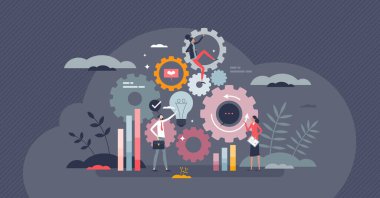 Business operation workflow and process management tiny person concept. Company organization, control and monitoring with effective work flow vector illustration. Performance efficiency stats report.