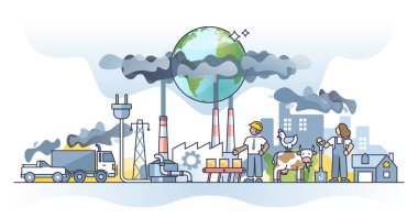 Generating greenhouse gases and CO2 pollution in urban city outline concept. Polluted air from burning fossil fuels, power manufacturing, transportation exhaust and agriculture vector illustration.
