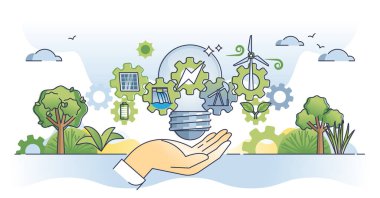 Energy sources and types for electricity power production outline concept. Natural resources for lighting usage vector illustration. Fossil oil extraction, hydro, solar and wind facility collection.