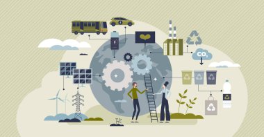 Green supply chain and ecological cargo distribution tiny person concept. Product manufacturing cycle with sustainable, nature friendly or environmental business process principles vector illustration