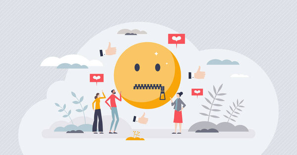 Social media censorship and free speech restriction tiny person concept. Opinion expression limitation with ban or mute on comments or article posts vector illustration. Cancel culture as closed mouth