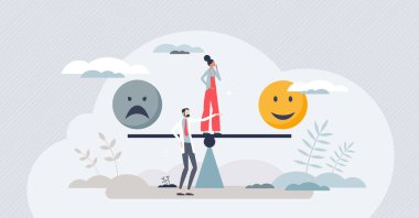 Cognitive behavioral therapy or CBT for dual feelings and emotional disorders tiny person concept. Balance for depression or happy mindset with professional psychological treatment vector illustration