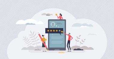 Sharing positive review or evaluate service with feedback tiny person concept. Satisfaction rating for product quality with stars comment vector illustration. Excellent consumer online recommendation
