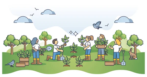 Σχέδιο Αναδάσωσης Και Περιβαλλοντικοί Εθελοντές Των Φυτών Δέντρων Σκιαγραφούν Την — Διανυσματικό Αρχείο