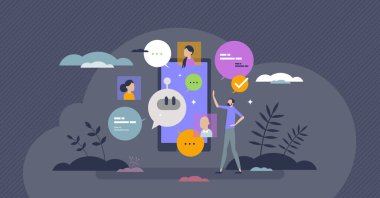 Chat GPT and artificial intelligence talking service tiny person concept. AI technology with speech assistant and digital conversation vector illustration. Online communication or interaction software
