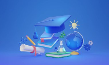 Education concept, 3D illustration. Studying, with the focus on graduation, learning and obtaining a diploma. Journey to gain knowledge through various courses. Achievement of educational goals. clipart