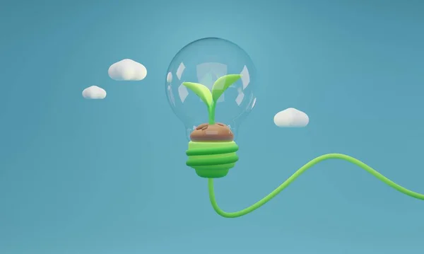 Green energy concept, 3D illustration.Eco friendly light bulb,innovative solution to environmental issues related to energy consumption.Sustainability and alternative energy sources to save the planet