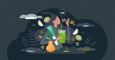 Healthy diet and detox lifestyle with greens smoothie tiny person concept. Slimming therapy and wellness shake intake with fresh fruits and vegetables vector illustration. Antioxidant ingredients.