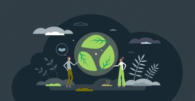 Green leaf recycle symbol for environmental materials tiny person concept. Recycling organic products for sustainable and nature friendly ecosystem vector illustration. Biological and renewable sign.