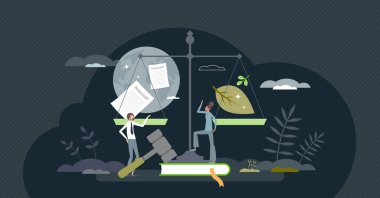 Environmental policy with nature friendly laws and eco rules tiny person concept. Renewable and nature friendly regulations from government vector illustration. Responsible legal climate awareness.