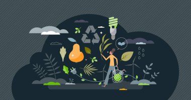 Eco life as ecological lifestyle as green resources usage tiny person concept. Responsible and environmental materials usage for nature friendly shopping vector illustration. Zero waste ideology.