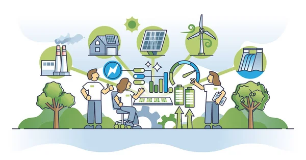 智能电网站 可再生能源和绿色电力的概念轮廓 分布式网络与太阳能电池板 风力涡轮机或水力发电单元矢量说明 可持续系统控制 — 图库矢量图片