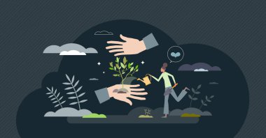 Tree planting activity and ecological plant growth tiny person concept. Environmental reforestation for sustainable environment and foliage plantation vector illustration. Sprout growing in soil.