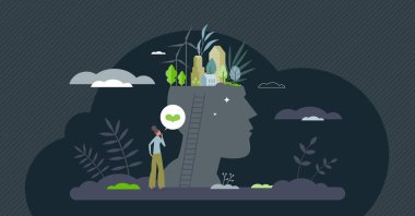 Green mindset and sustainable, ecological thinking tiny person concept. Mental state with care for nature, alternative energy and renewable resources vector illustration. Earth protection activist.