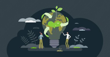 Sustainable and nature friendly electricity development tiny person concept. Effective lighting with alternative future power sources usage as smart and environmental solution vector illustration.