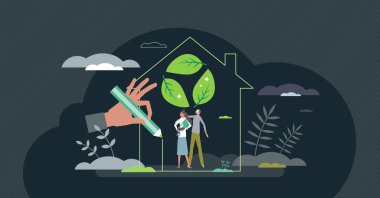 Sustainable house as home with recyclable material usage tiny person concept. Smart, effective and alternative energy for family real estate as green and nature friendly choice vector illustration.