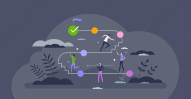Career path roadmap as work challenge development route tiny person concept. Job progress and improvement with effective vision, motivation and goal vector illustration. Road map for successful leader