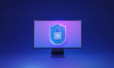 Cybersecurity 3D concept illustration with shield and key lock on a dark background. Safeguarding privacy and protecting sensitive information. Use of VPN and ensuring access control to valuable data.