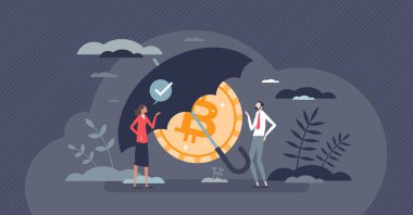 Crypto insurance and digital money protection from risks tiny person concept. Safe financial assets deposit and security indemnity against losses vector illustration. Theft and fraud danger care.