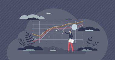 Financial analysis as market value and money calculation tiny person concept. Investment profit and trade progress research for company perspective analysis vector illustration. Stock information.