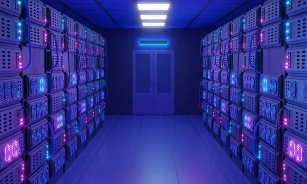 Data center 3D concept illustration. Cluster of powerful servers that work together to support and optimize technological processes and efficiently stores, manages, and delivers processed data.