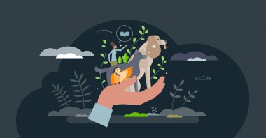 Animal welfare and domestic creature happiness protection tiny person concept. House dog, cat or bird healthcare awareness and best support with friendly attitude from veterinarian vector illustration