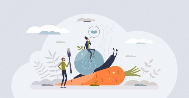 Slow food and ecological vegetables or fruits consumption tiny person concept. Sustainable, clean and nature friendly eating with eco quality grocery ingredients and preparation vector illustration.