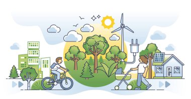 Clean energy community ecosystem with green lifestyle city outline concept. Society with sustainable, environmental and nature friendly thinking vector illustration. Life with alternative power usage