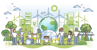 Sustainable green city with ecological energy power usage outline concept. Diversity and unity as future modern environment lifestyle vector illustration. Community with nature friendly thinking.