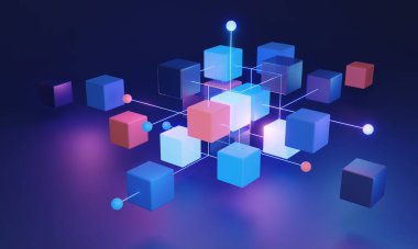 Decentralized blockchain system 3D concept, utilizing algorithmic technology and a distributed network for secure data clustering. Highly secure and reliable network for data storage and distribution.