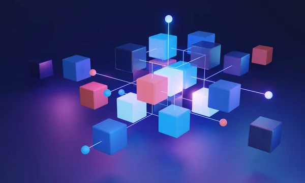 Decentralized blockchain system 3D concept, utilizing algorithmic technology and a distributed network for secure data clustering. Highly secure and reliable network for data storage and distribution.
