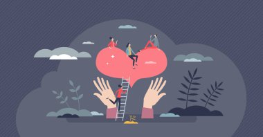 Charity and volunteering as donation help for community tiny person concept. Generous contribution with social assistance and healthcare funding vector illustration. Raised money for poor and hungry.