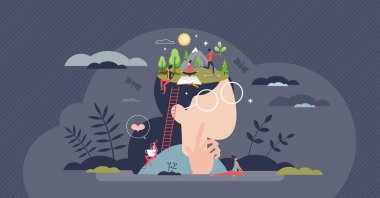 Daydreaming as thoughts and fantasy about future plans tiny person concept. Imagination and creative mind process with vision about leisure, relaxation, hobby, hopes and wishes vector illustration.