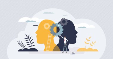 Technology transfer as thinking from people to mechanics tiny person concept. Change business model and tasks from personal to effective automation and high tech implementation vector illustration.