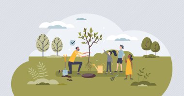 Volunteers teaching green and environmental practices tiny person concept. Learning sustainable and nature friendly lifestyle from teacher that is planting trees vector illustration. Kids activity.