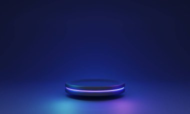 Siber uzay kaidesi modeli, 3 boyutlu illüstrasyon. Koyu mavi platform boş bir sahne sergiliyor. Ürün ve fikirleri göstermek için uzayı kopyalayın. Parlayan LED ışığıyla aydınlatılan modern, minimal sergi sahnesi.
