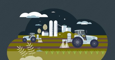 Agribusiness as agriculture business with maximal profit tiny person concept. Crops and farmland industry with productive and successful harvest work vector illustration. Industrial food production. clipart