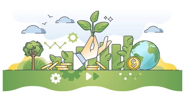 影响投资和自然友好或可持续的筹资纲要概念 具有绿色和环境目标载体说明的伦理商业模式 生态项目的财政利润 — 图库矢量图片