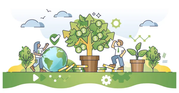 環境に優しい持続可能なプロジェクトの概念に投資や資金を与える 成功した金融プロジェクトのベクトル図とお金の木を育てる 自然に配慮した事業会社 — ストックベクタ