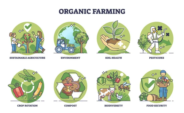 Organic Farming Elements Sustainable Agriculture Outline Collection Set Labeled Educational — Stock Vector