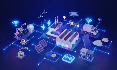 Akıllı fabrika 3D çizim konsepti. Modern üretim. Endüstriyel IoT, otomasyon, yapay zeka ve robotik yüksek derecede bağlı, verimli ve veri güdümlü bir üretim ortamı yaratmak için.