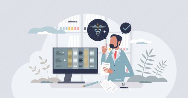 Hasta hastane hizmetleri için tıbbi fatura ve kodlama küçük insan konsepti. Tedavi ödemesi ve sigorta vektör illüstrasyonundan mali fatura kapsamı. Fatura için ilaç gider kodları.